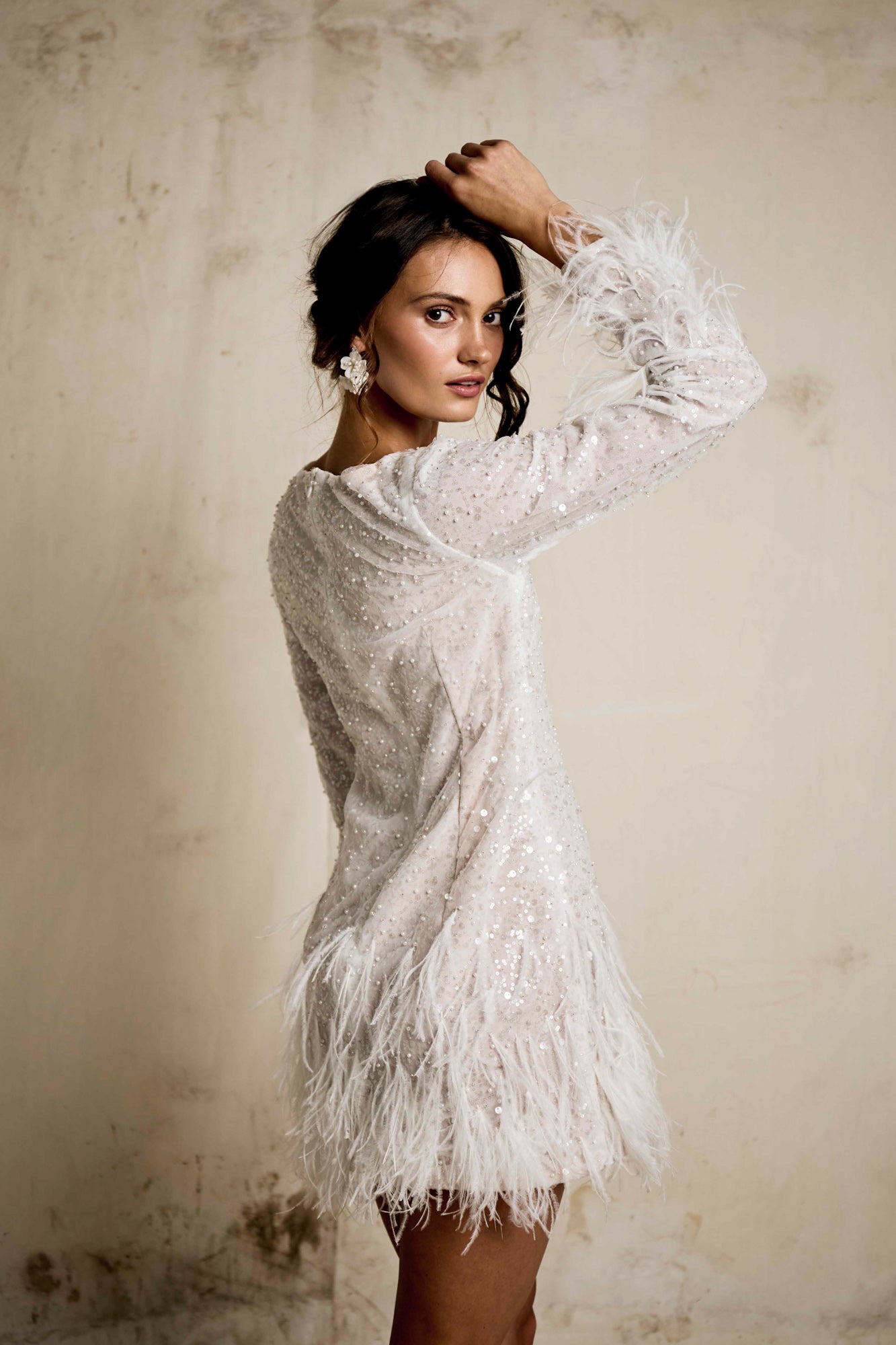Back view of Apollo sequined mini dress showing feather trim, Sadie Bosworth Atelier, Cape Town