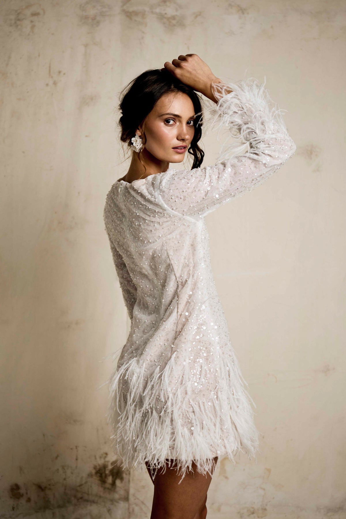 Back view of Apollo sequined mini dress showing feather trim, Sadie Bosworth Atelier, Cape Town