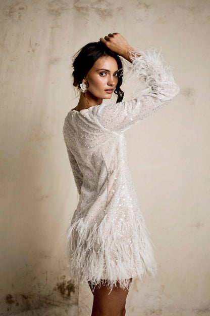 Back view of Apollo sequined mini dress showing feather trim, Sadie Bosworth Atelier, Cape Town