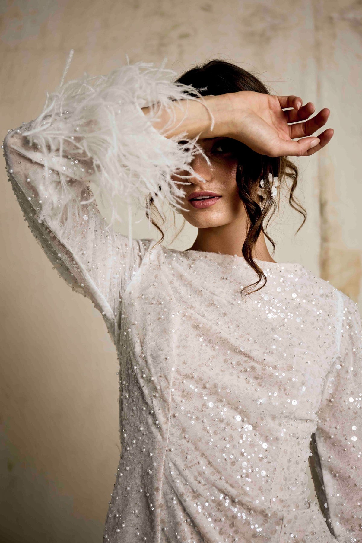 Apollo sequined long-sleeve mini dress with feather hemline, front view, Sadie Bosworth Atelier, Woodstock, Cape Town