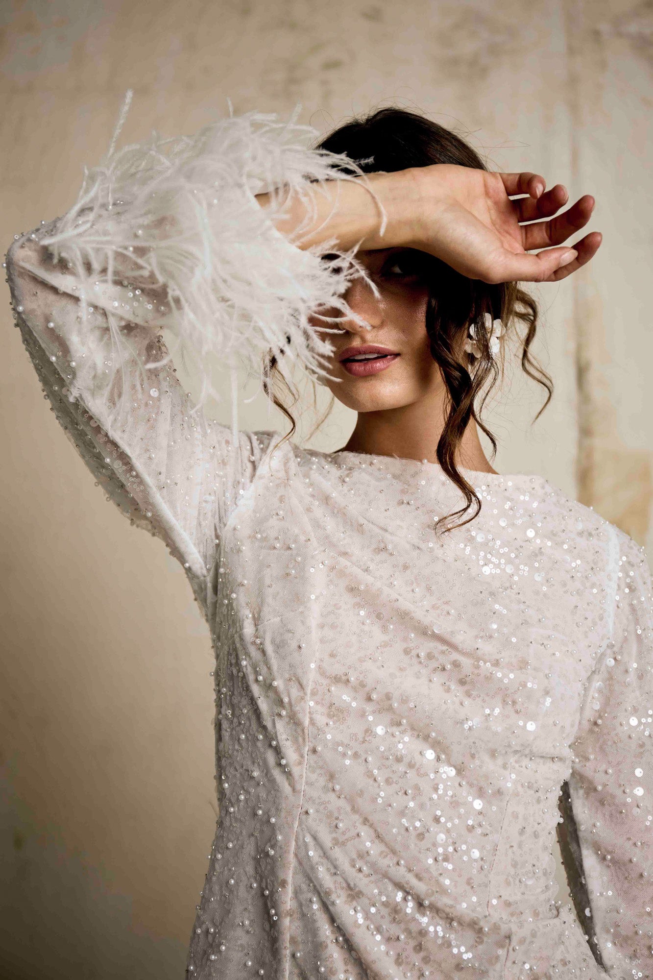 Apollo sequined long-sleeve mini dress with feather hemline, front view, Sadie Bosworth Atelier, Woodstock, Cape Town